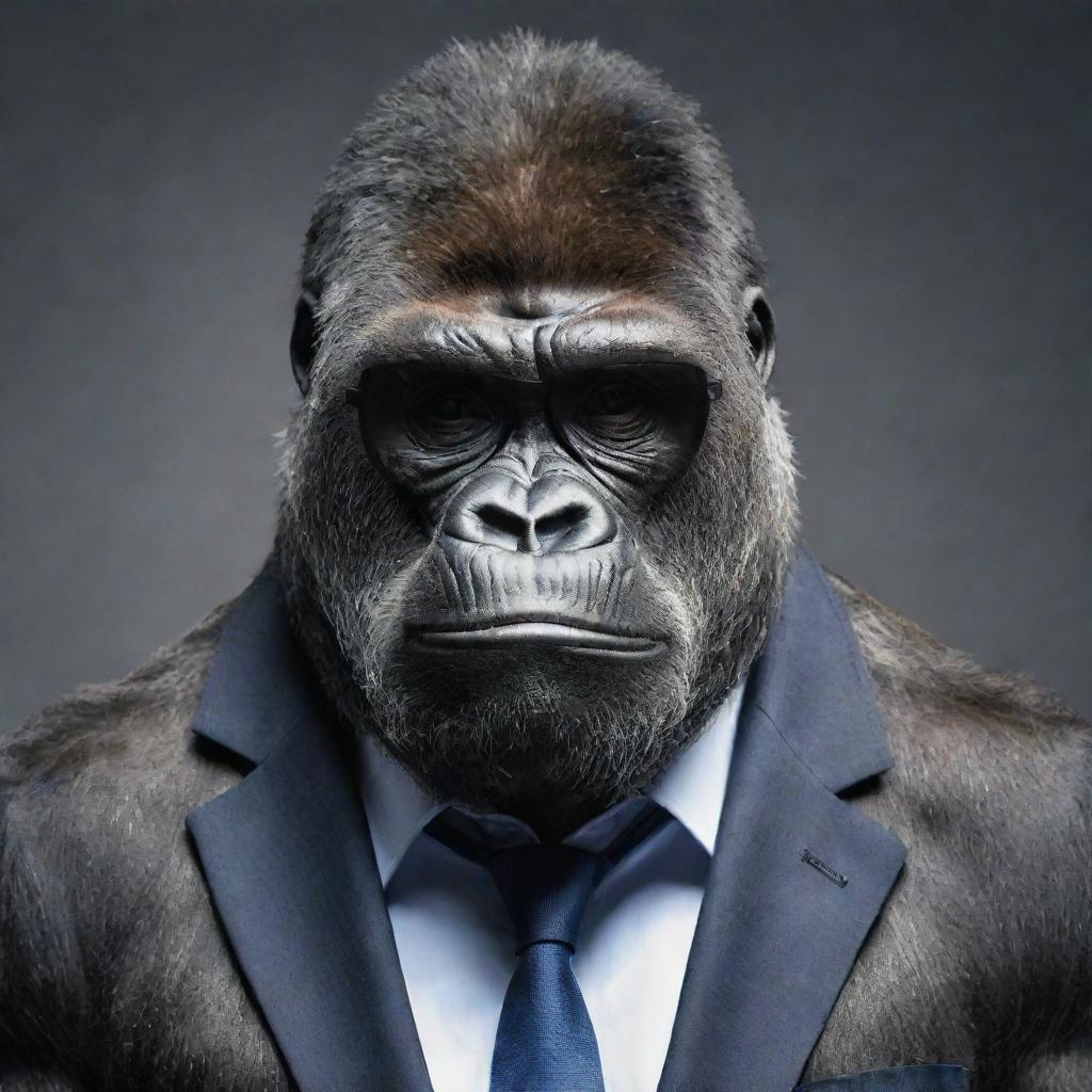 A muscular and smart-looking gorilla wearing sophisticated glasses.