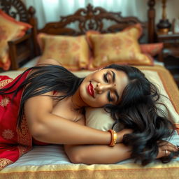 A beautiful Desi girl lying flat on her bed, dressed in a traditional red saree with intricate gold embroidery