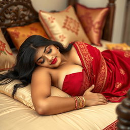 A beautiful Desi girl lying flat on her bed, dressed in a traditional red saree with intricate gold embroidery