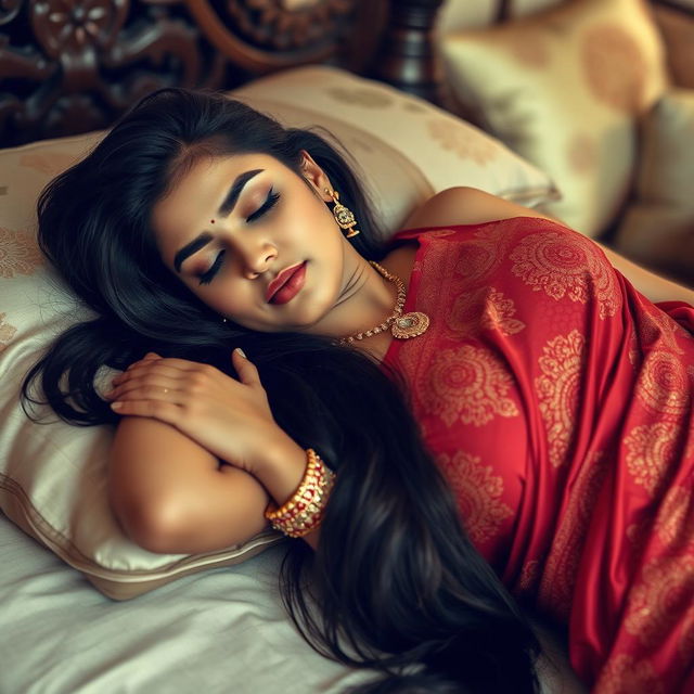 A beautiful Desi girl lying flat on her bed, dressed in a traditional red saree with intricate gold embroidery