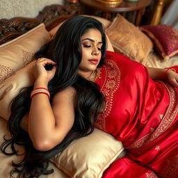 A beautiful Desi girl lying flat on her bed, dressed in a traditional red saree with intricate gold embroidery