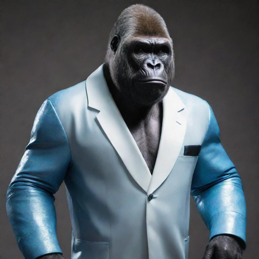 A gorilla styled as a science fiction professor, clad in futuristic attire.