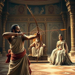 In a grand royal courtyard, a Brahmin with focused precision and serene confidence draws his bowstring, releasing an arrow that flies straight and true