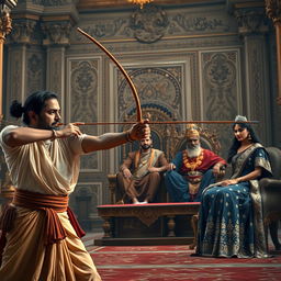 In a grand royal courtyard, a Brahmin with focused precision and serene confidence draws his bowstring, releasing an arrow that flies straight and true