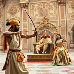 In a grand royal courtyard, a Brahmin with focused precision and serene confidence draws his bowstring, releasing an arrow that flies straight and true