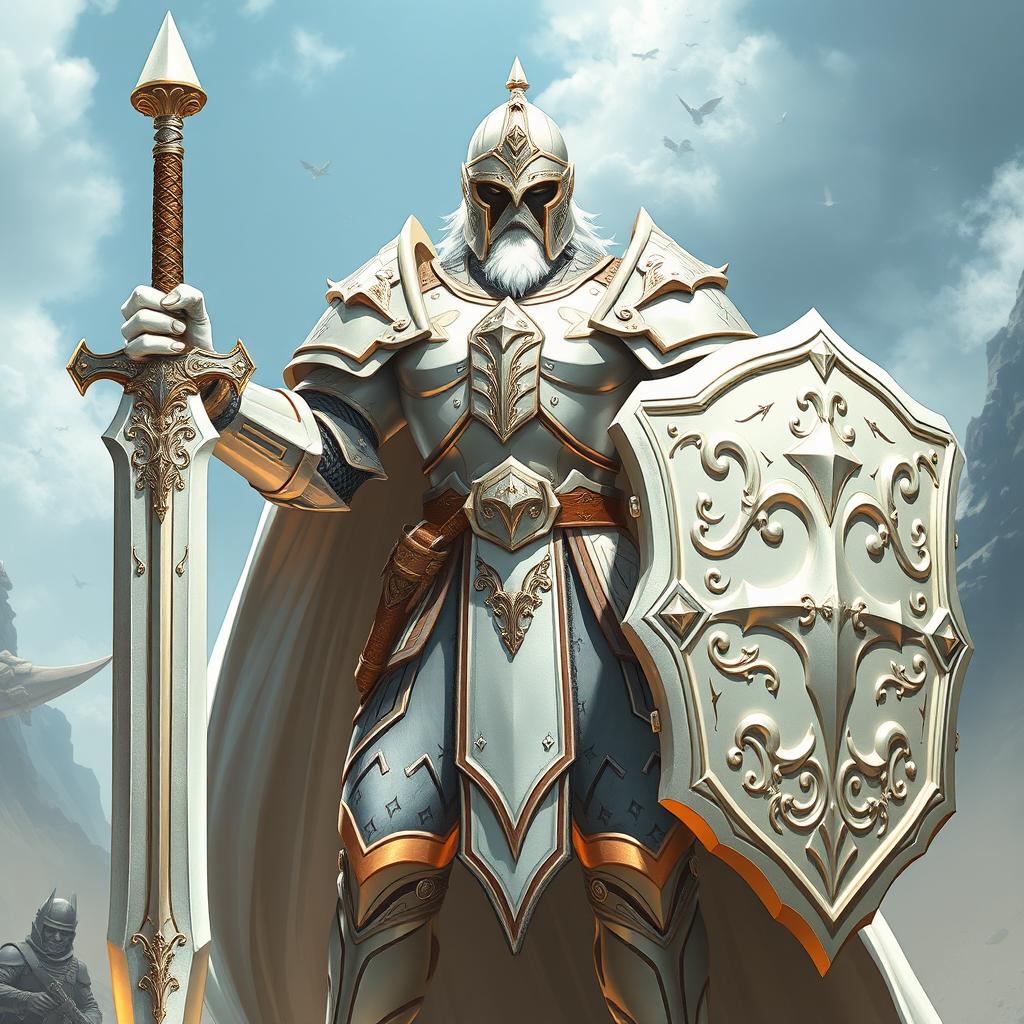 A magnificent white-armored paladin, exuding strength and honor, holding a grand sword in one hand and a large shield in the other