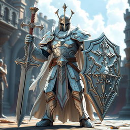 A magnificent white-armored paladin, exuding strength and honor, holding a grand sword in one hand and a large shield in the other