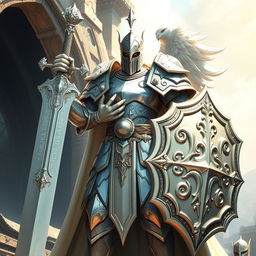 A magnificent white-armored paladin, exuding strength and honor, holding a grand sword in one hand and a large shield in the other