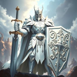 A magnificent white-armored paladin, exuding strength and honor, holding a grand sword in one hand and a large shield in the other