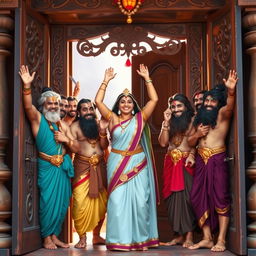 The Pandavas and Draupadi joyfully opening the door of their house, showcasing a sense of unity and happiness