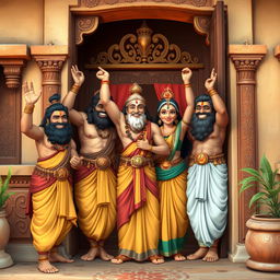 The Pandavas and Draupadi joyfully opening the door of their house, showcasing a sense of unity and happiness