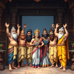 The Pandavas and Draupadi joyfully opening the door of their house, showcasing a sense of unity and happiness