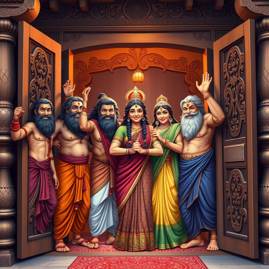 The Pandavas and Draupadi joyfully opening the door of their house, showcasing a sense of unity and happiness