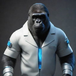 A gorilla styled as a science fiction professor, clad in futuristic attire.