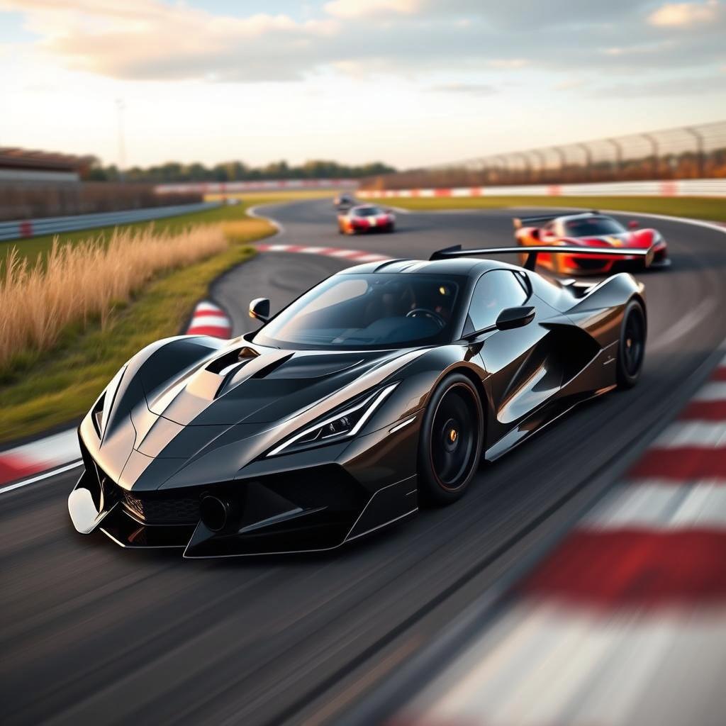 An exquisite merging of a Corvette C8 and McLaren Senna GTR on a racetrack, highlighting its sleek and aerodynamic features under the warm, glowing sunset