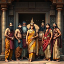 The Pandavas, Yudhishthira, Bhima, Arjuna, Nakula, and Sahadeva, standing together with Draupadi, all appearing joyful as they open the door of their traditional house