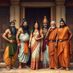 The Pandavas, Yudhishthira, Bhima, Arjuna, Nakula, and Sahadeva, standing together with Draupadi, all appearing joyful as they open the door of their traditional house