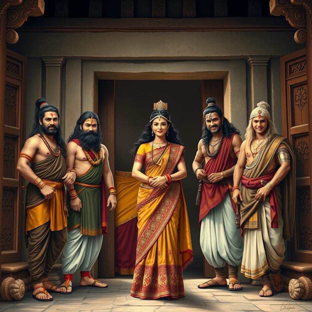 The Pandavas, Yudhishthira, Bhima, Arjuna, Nakula, and Sahadeva, standing together with Draupadi, all appearing joyful as they open the door of their traditional house