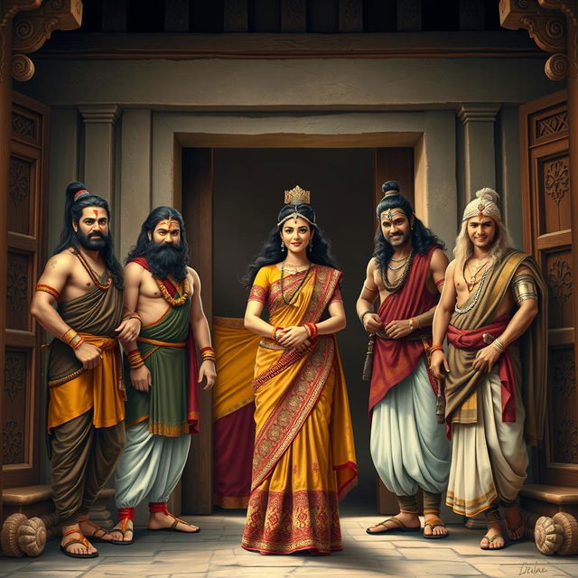 The Pandavas, Yudhishthira, Bhima, Arjuna, Nakula, and Sahadeva, standing together with Draupadi, all appearing joyful as they open the door of their traditional house