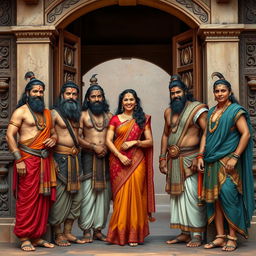 The Pandavas, Yudhishthira, Bhima, Arjuna, Nakula, and Sahadeva, standing together with Draupadi, all appearing joyful as they open the door of their traditional house