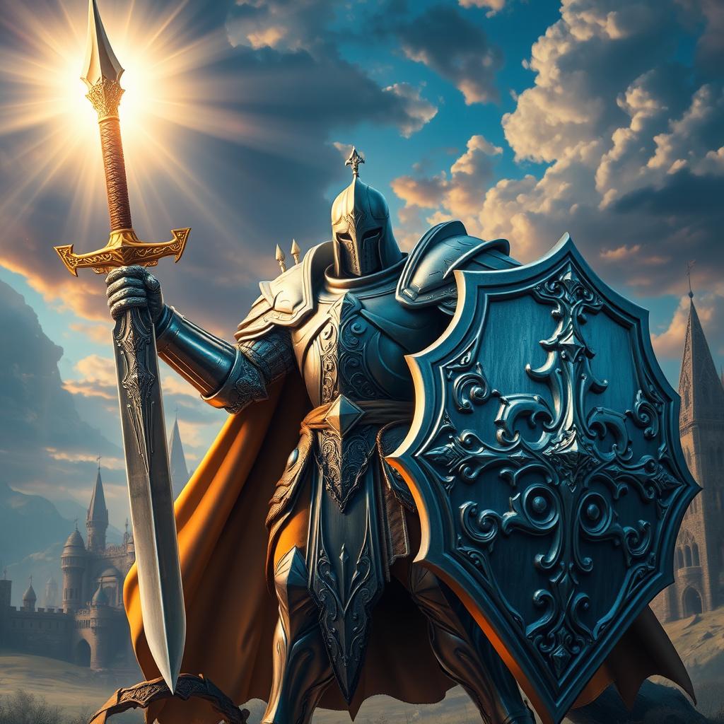 A glorious paladin clad in shining armor, wielding a massive and intricately designed greatsword in one hand and a large, ornate shield in the other