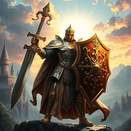 A glorious paladin clad in shining armor, wielding a massive and intricately designed greatsword in one hand and a large, ornate shield in the other