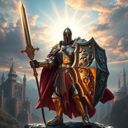 A glorious paladin clad in shining armor, wielding a massive and intricately designed greatsword in one hand and a large, ornate shield in the other