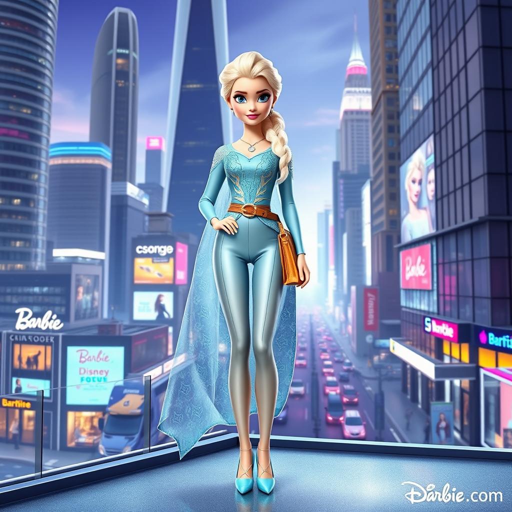 Elsa from Frozen as the main character in a modern-era Barbie-style Disney film