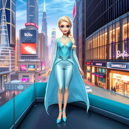 Elsa from Frozen as the main character in a modern-era Barbie-style Disney film