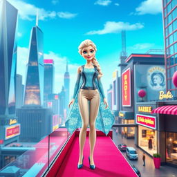 Elsa from Frozen as the main character in a modern-era Barbie-style Disney film