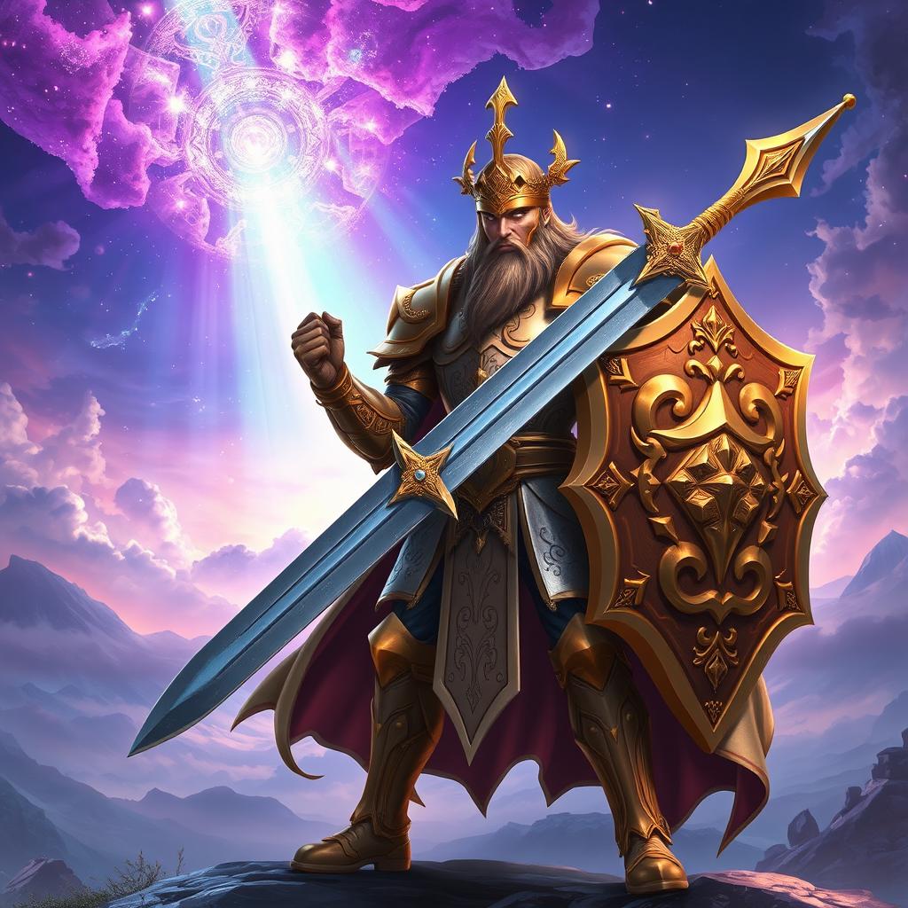 A glorious paladin wielding a magnificent great sword and carrying a large shield