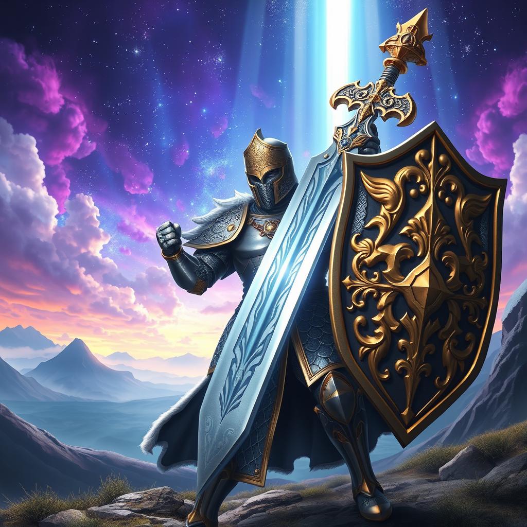 A glorious paladin wielding a magnificent great sword and carrying a large shield