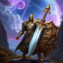 A glorious paladin wielding a magnificent great sword and carrying a large shield