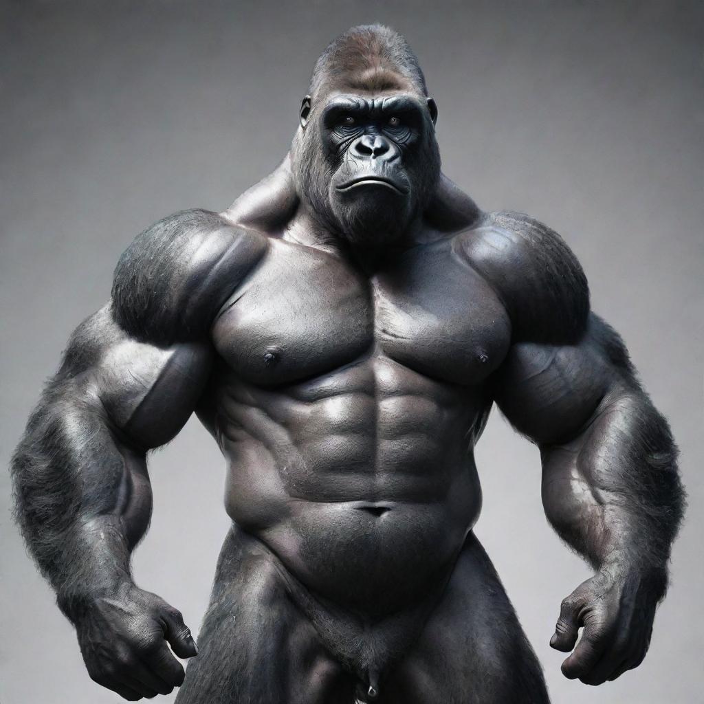 A muscular gorilla, with a sci-fi aesthetic, displaying pronounced muscles and wearing futuristic glasses.