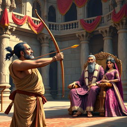 In a majestic royal courtyard, a Brahmin with a focused expression pulls back his bowstring, releasing an arrow that soars through the air with precise accuracy