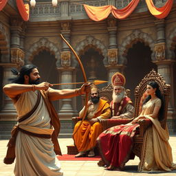 In a majestic royal courtyard, a Brahmin with a focused expression pulls back his bowstring, releasing an arrow that soars through the air with precise accuracy