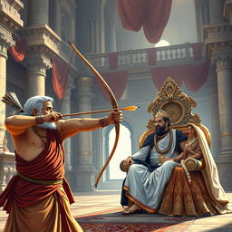 In a majestic royal courtyard, a Brahmin with a focused expression pulls back his bowstring, releasing an arrow that soars through the air with precise accuracy