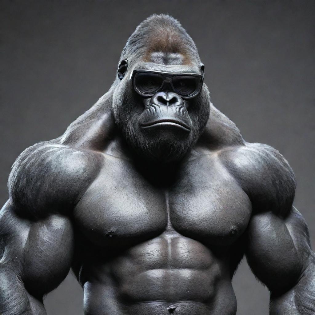 A muscular gorilla, with a sci-fi aesthetic, displaying pronounced muscles and wearing futuristic glasses.