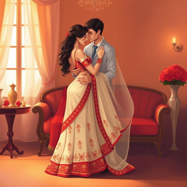 artistic and tasteful illustration of a romantic couple in an intimate, warm setting