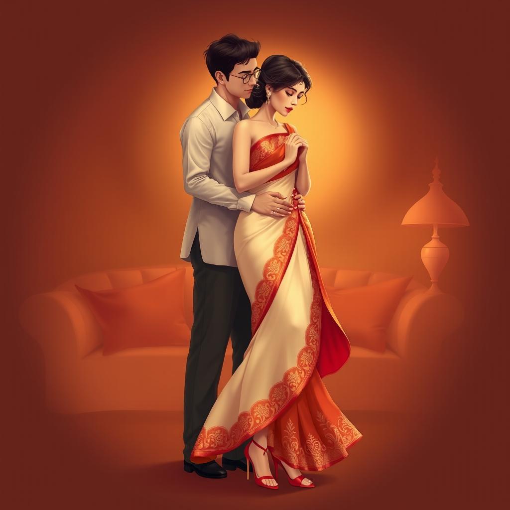 artistic and tasteful illustration of a romantic couple in an intimate, warm setting