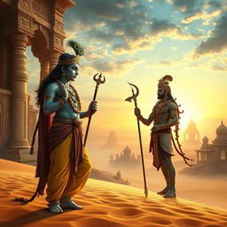 In an ancient desert-like city, with golden sands and towering structures that merge seamlessly with the arid landscape, Shri Krishna stands in divine grace, engaging in a profound conversation with God Indra