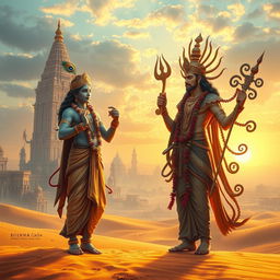 In an ancient desert-like city, with golden sands and towering structures that merge seamlessly with the arid landscape, Shri Krishna stands in divine grace, engaging in a profound conversation with God Indra