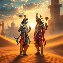 In an ancient desert-like city, with golden sands and towering structures that merge seamlessly with the arid landscape, Shri Krishna stands in divine grace, engaging in a profound conversation with God Indra