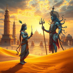 In an ancient desert-like city, with golden sands and towering structures that merge seamlessly with the arid landscape, Shri Krishna stands in divine grace, engaging in a profound conversation with God Indra