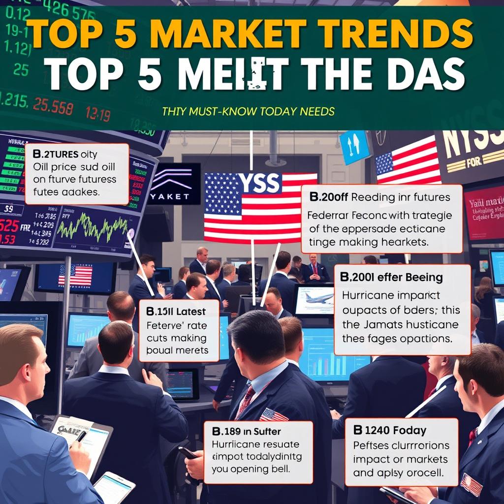 A bustling stock market scene illustrating the top 5 market trends of the day