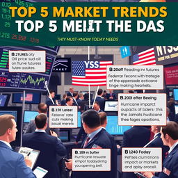 A bustling stock market scene illustrating the top 5 market trends of the day