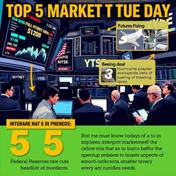 A bustling stock market scene illustrating the top 5 market trends of the day