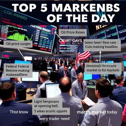 A bustling stock market scene illustrating the top 5 market trends of the day