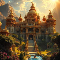 A majestic and glamorous depiction of the Indraprastha Castle from the Mahabharata, showcasing its grandeur and beauty