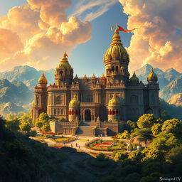 A majestic and glamorous depiction of the Indraprastha Castle from the Mahabharata, showcasing its grandeur and beauty